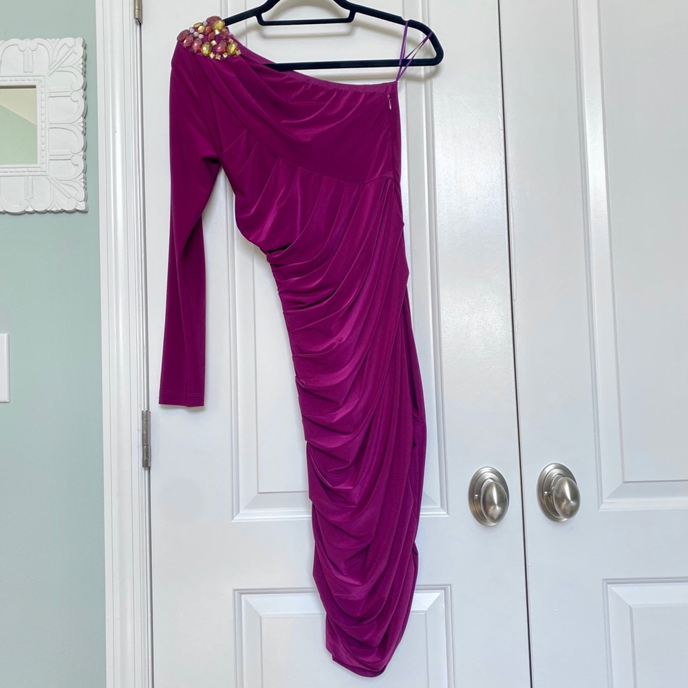 One shoulder ruched midi dress with gem accents